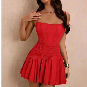 Sweetheart Fishtail Pleated A-Line Mini Dress RED